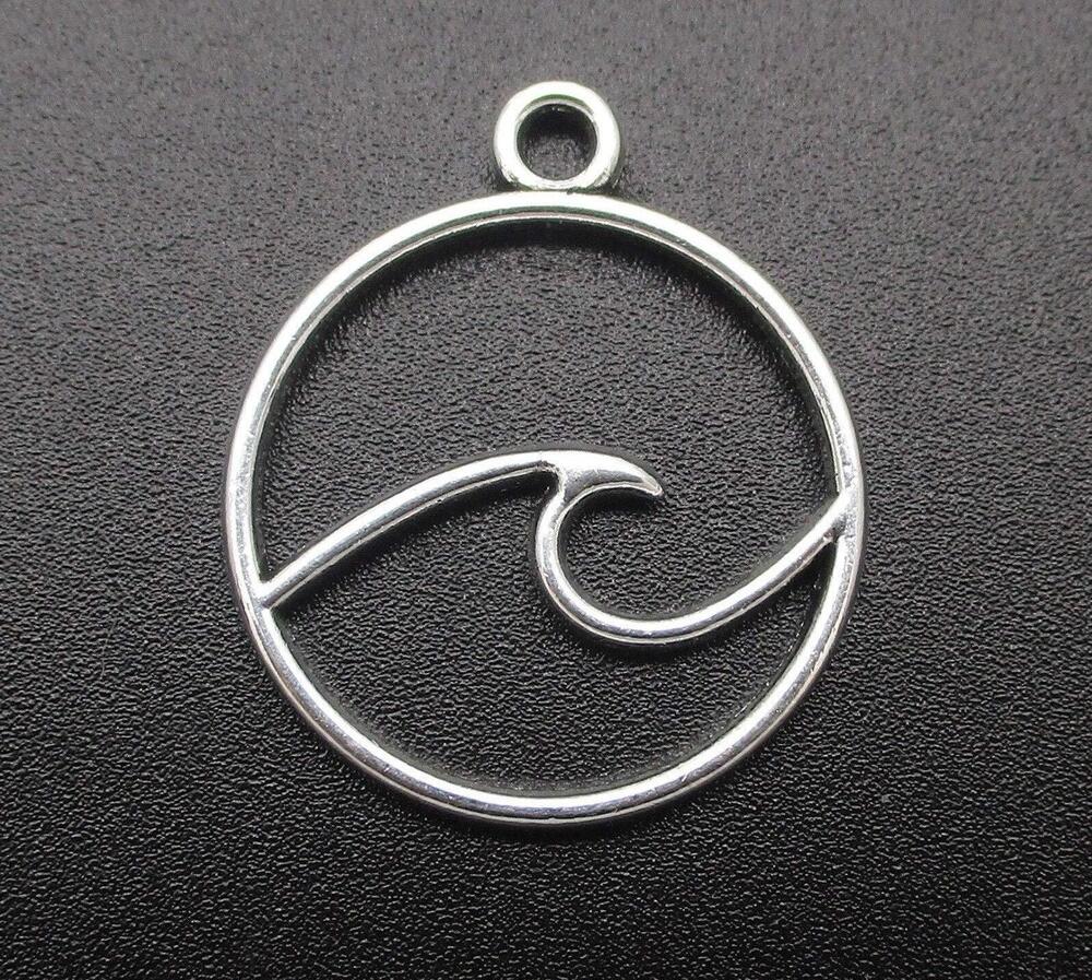 3460 28 Wave Charms Ocean Waves in Circle Charm Beach Surfer Ocean Silver